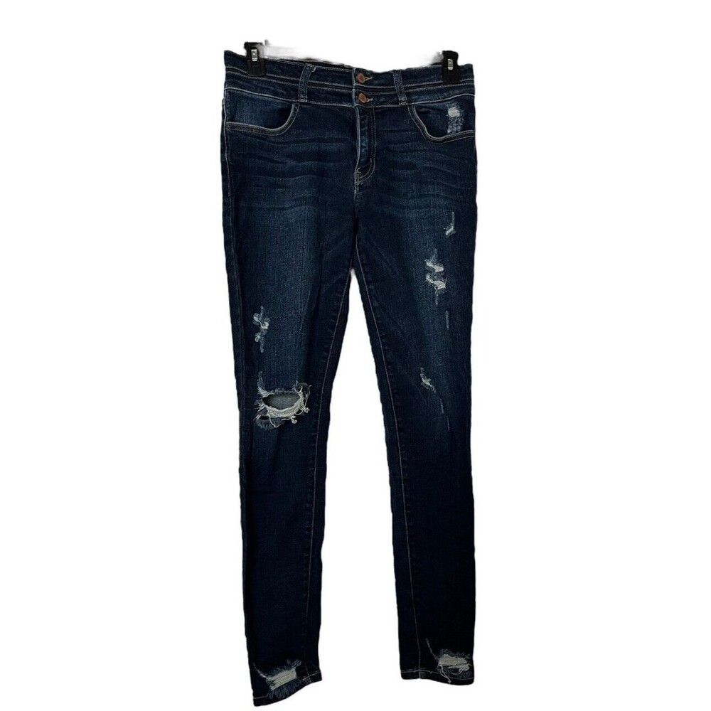 KanCan Women’s Skinny Jeans in Dark Indigo with Distressed Details